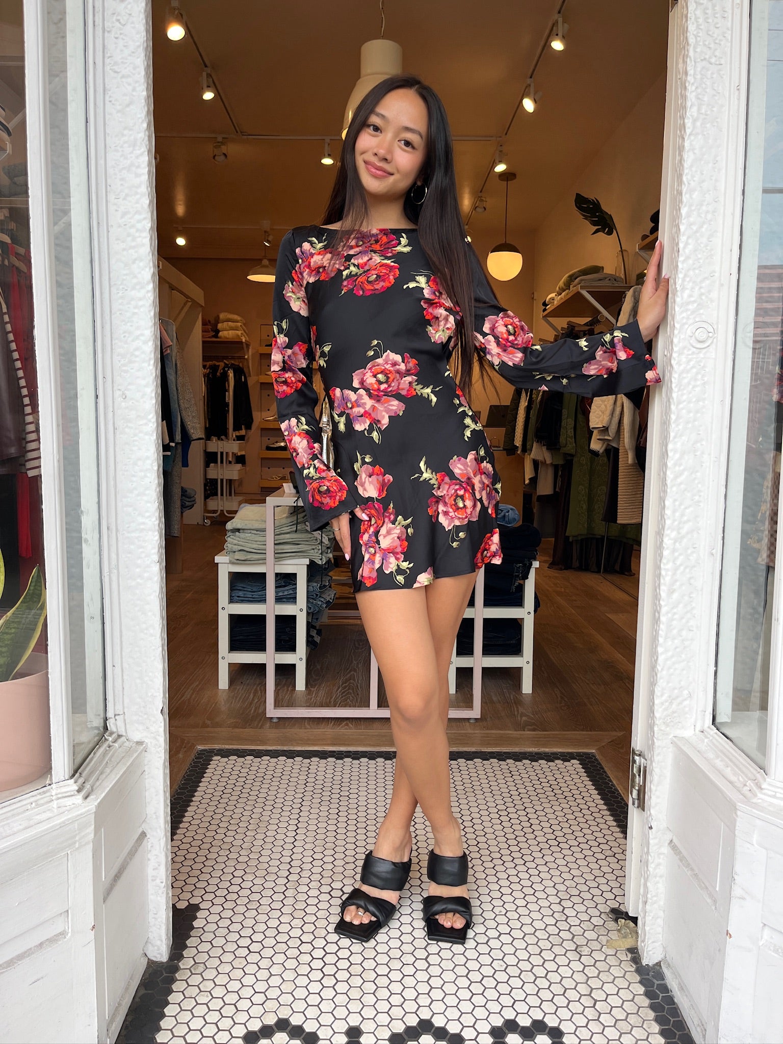 Ultimate Joy Open Back Dress - Black & Red Floral Elegance