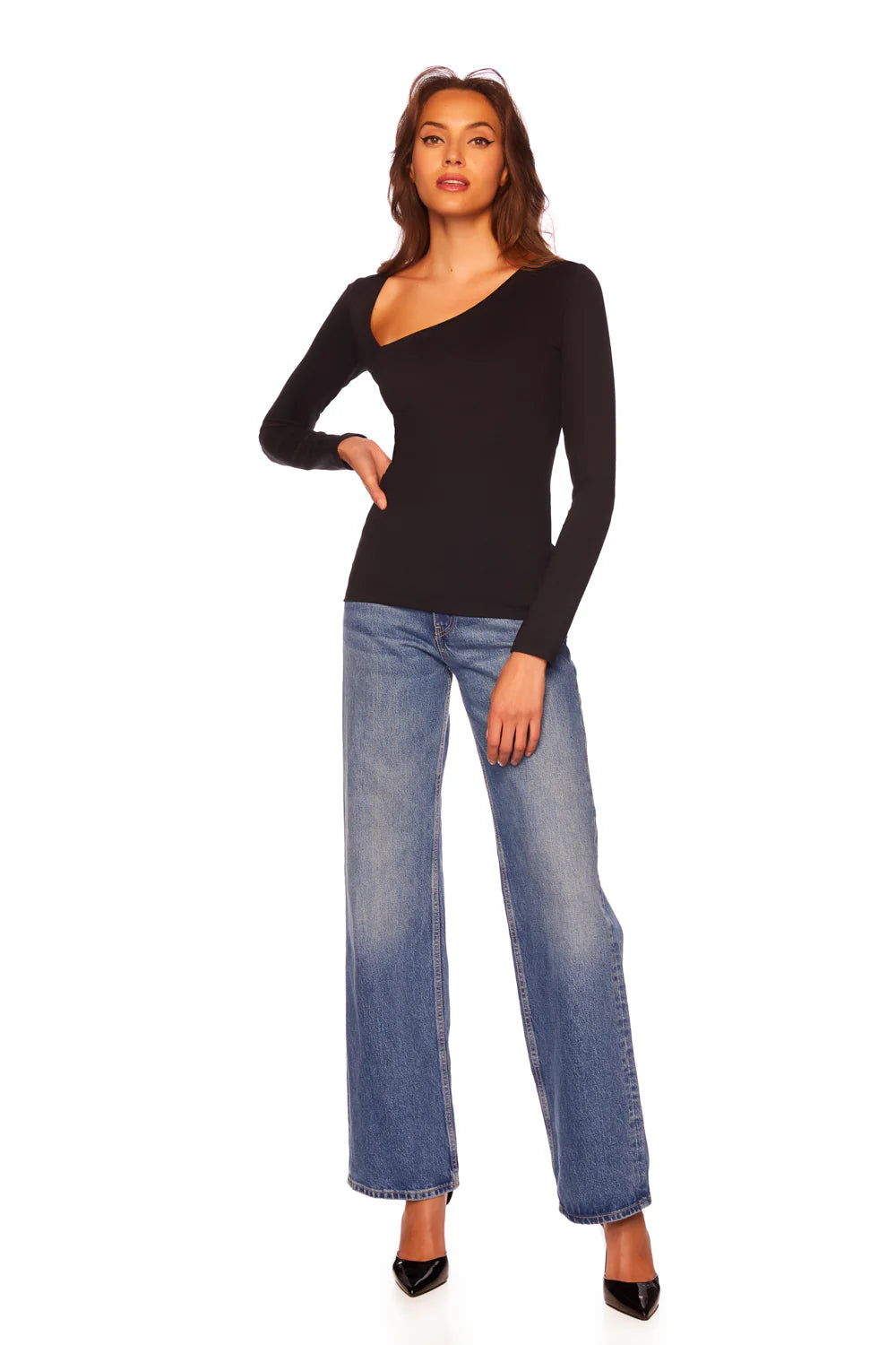 Premium Diagonal Neck Long Sleeve Top - Black
