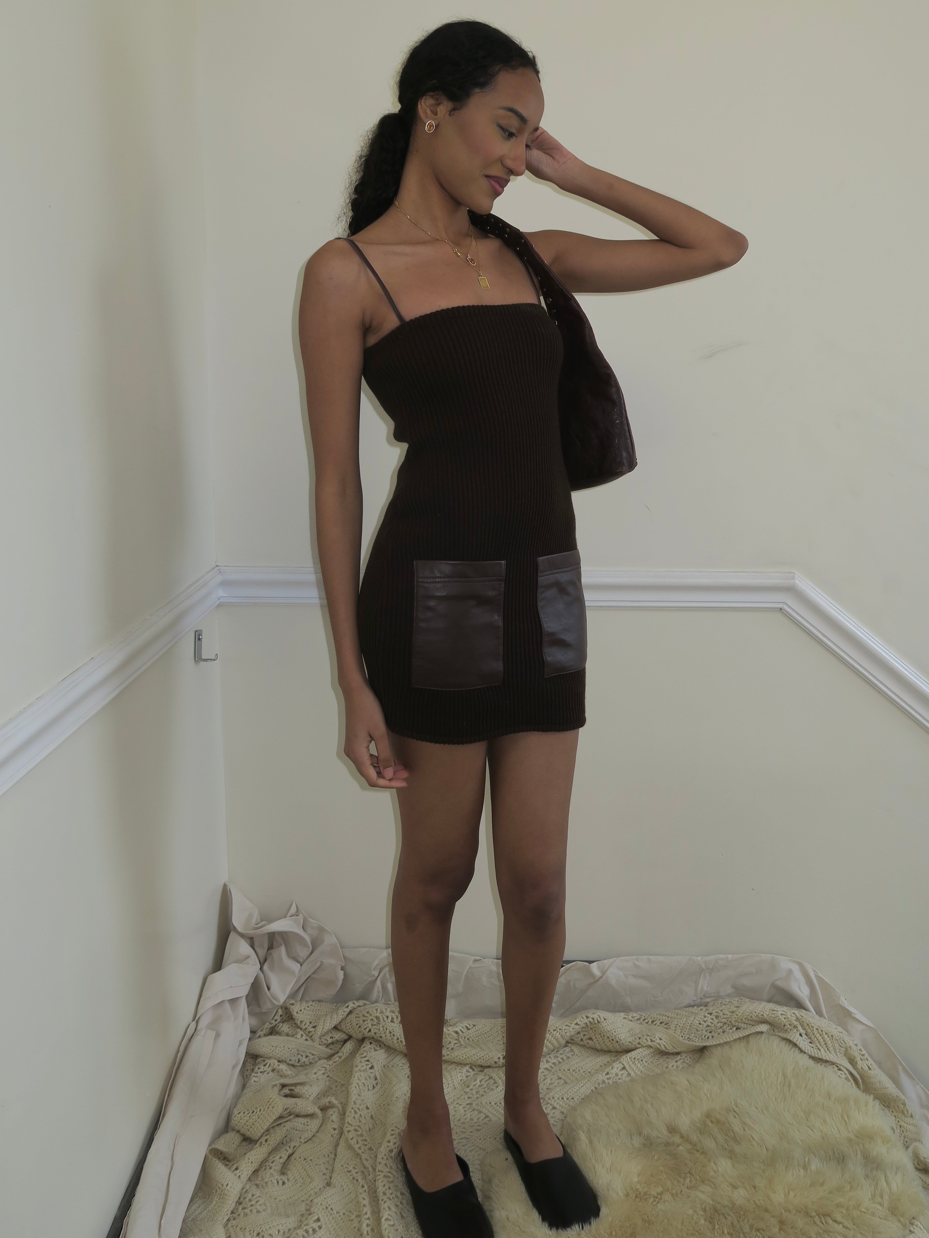 Premium Brown Leather Mini Dress