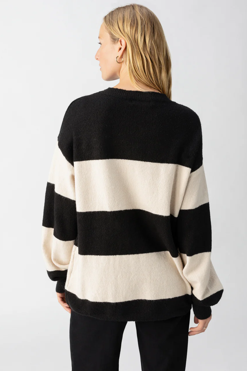 Premium Oversized Crew Neck Sweater - Toasted Almond & Black Stripe