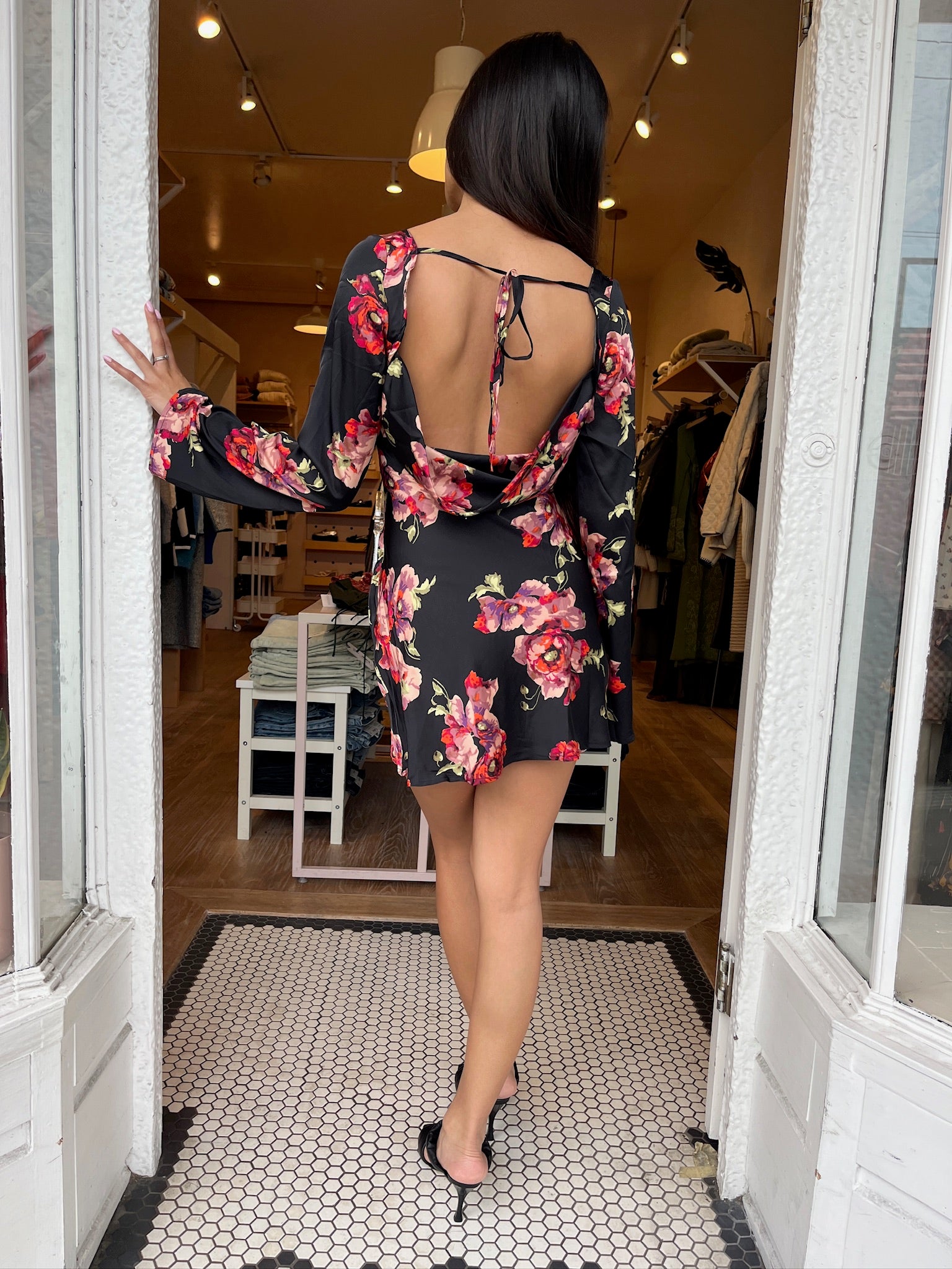 Ultimate Joy Open Back Dress - Black & Red Floral Elegance