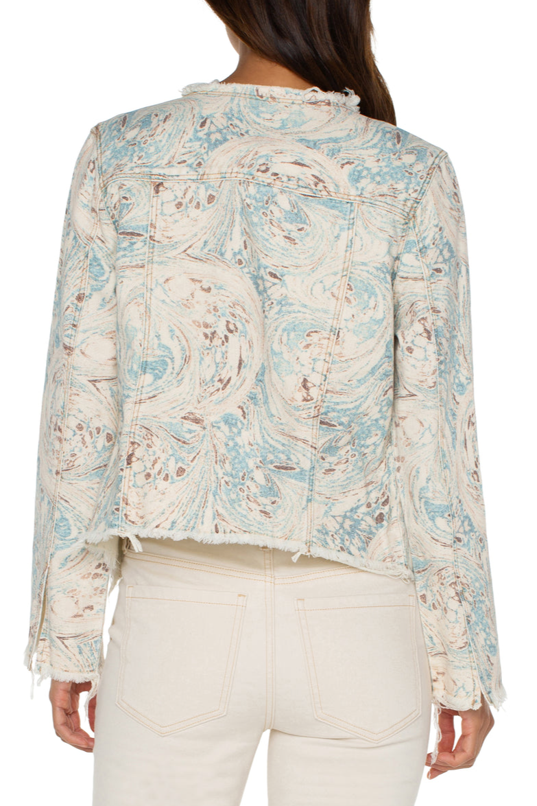Premium Printed Crop Jacket with Fray Hem - Ocean Blue Ecru Marble | Upgrade Your Style