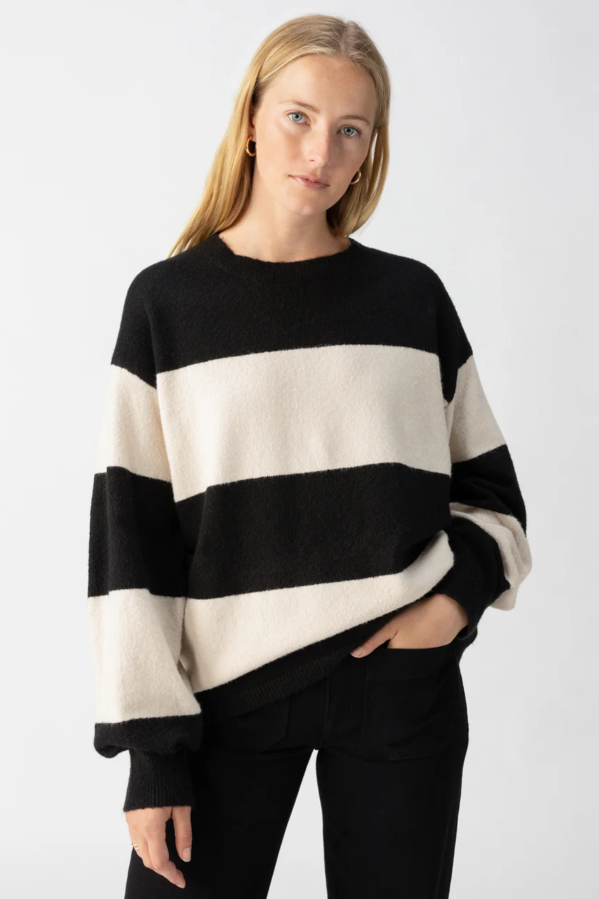 Premium Oversized Crew Neck Sweater - Toasted Almond & Black Stripe