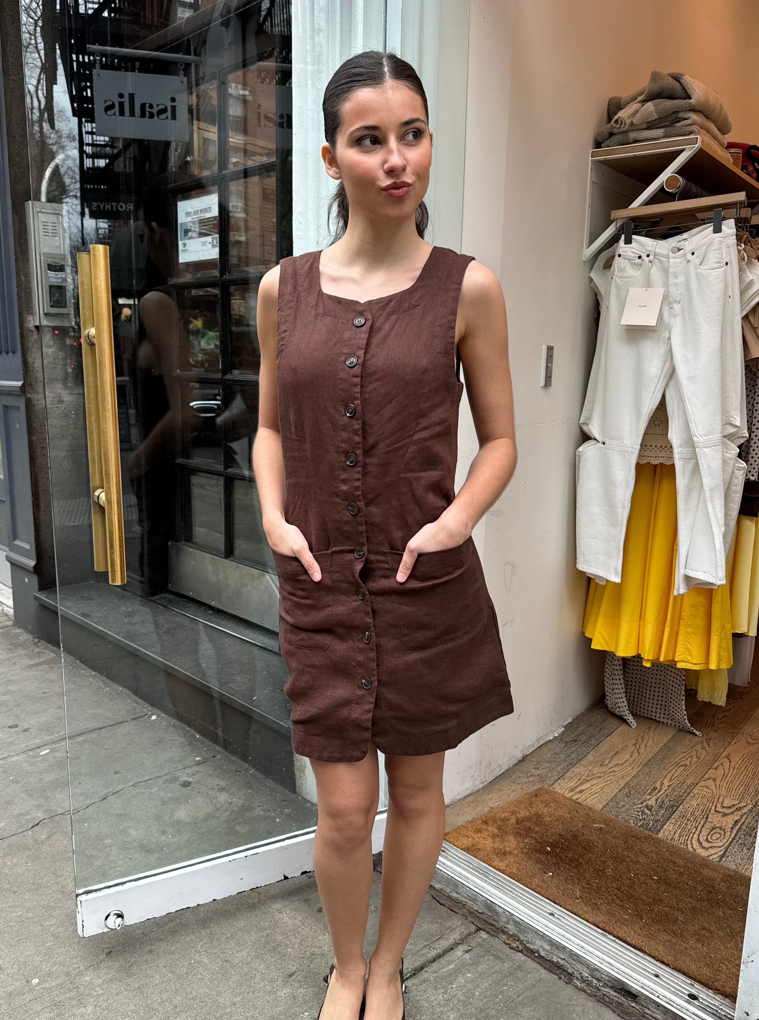 Premium Emma Button Down Mini Dress in Chocolate