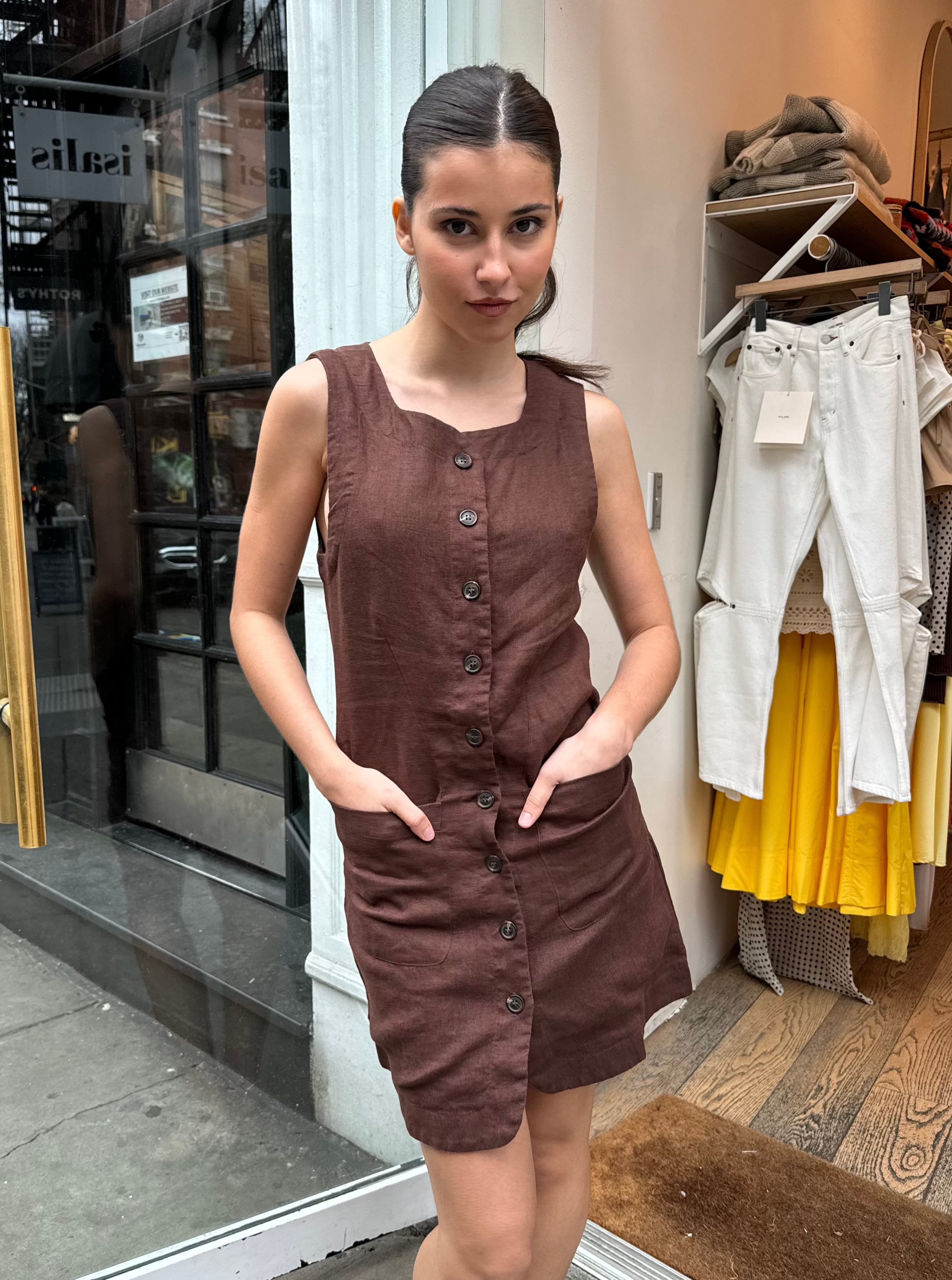 Premium Emma Button Down Mini Dress in Chocolate