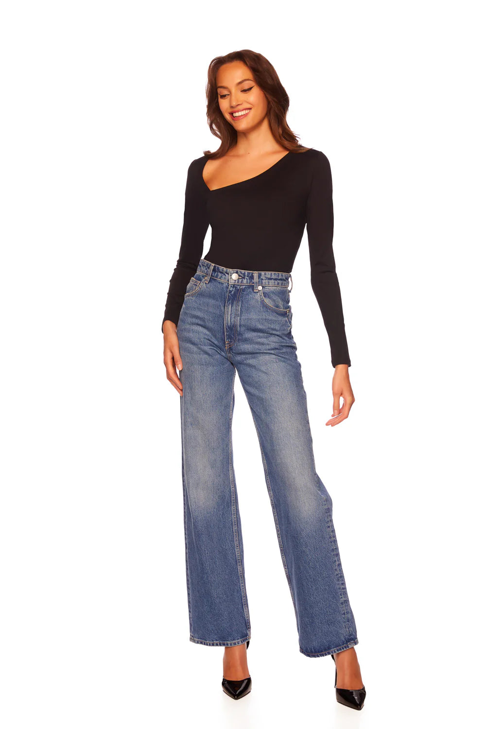 Premium Diagonal Neck Long Sleeve Top - Black