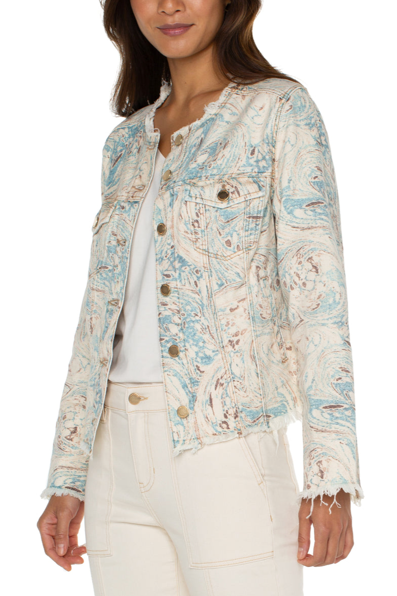 Premium Printed Crop Jacket with Fray Hem - Ocean Blue Ecru Marble | Upgrade Your Style