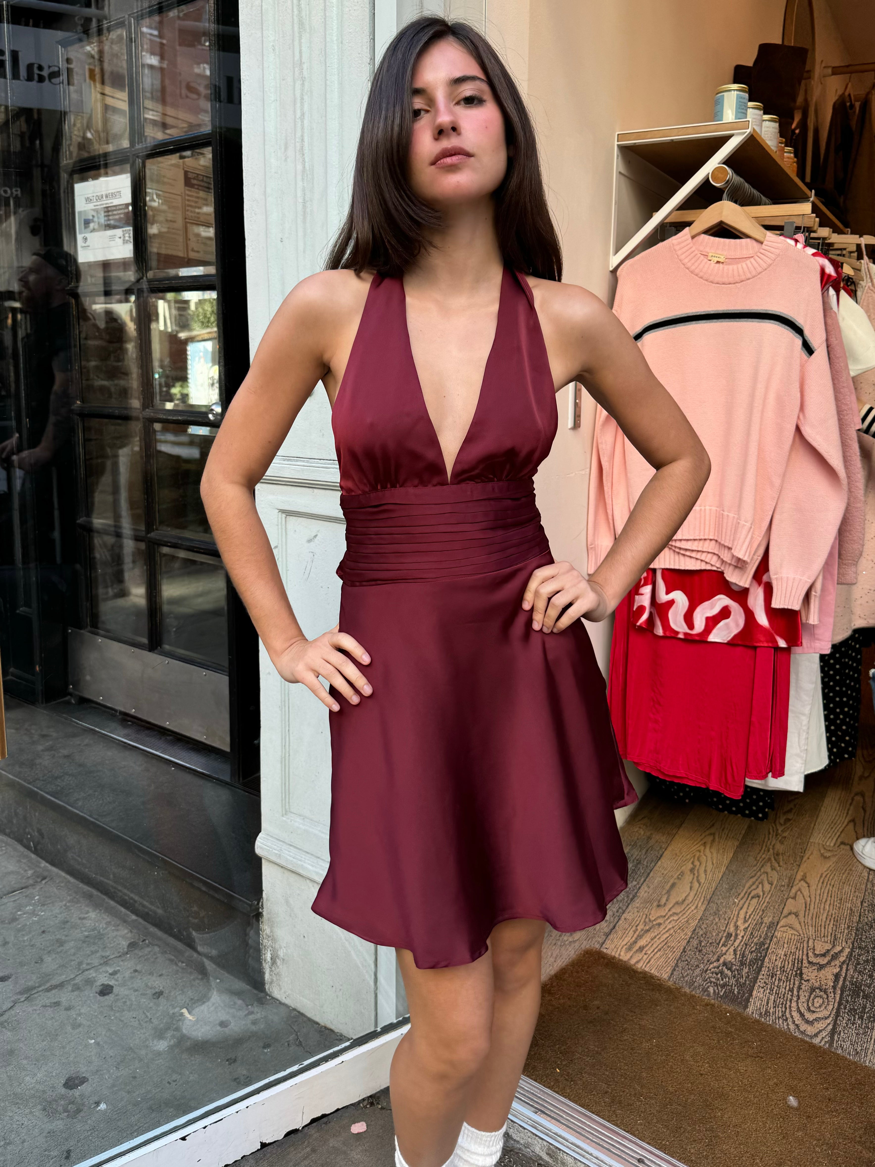 Premium Maddie Halter Mini Dress - Wine Elegance