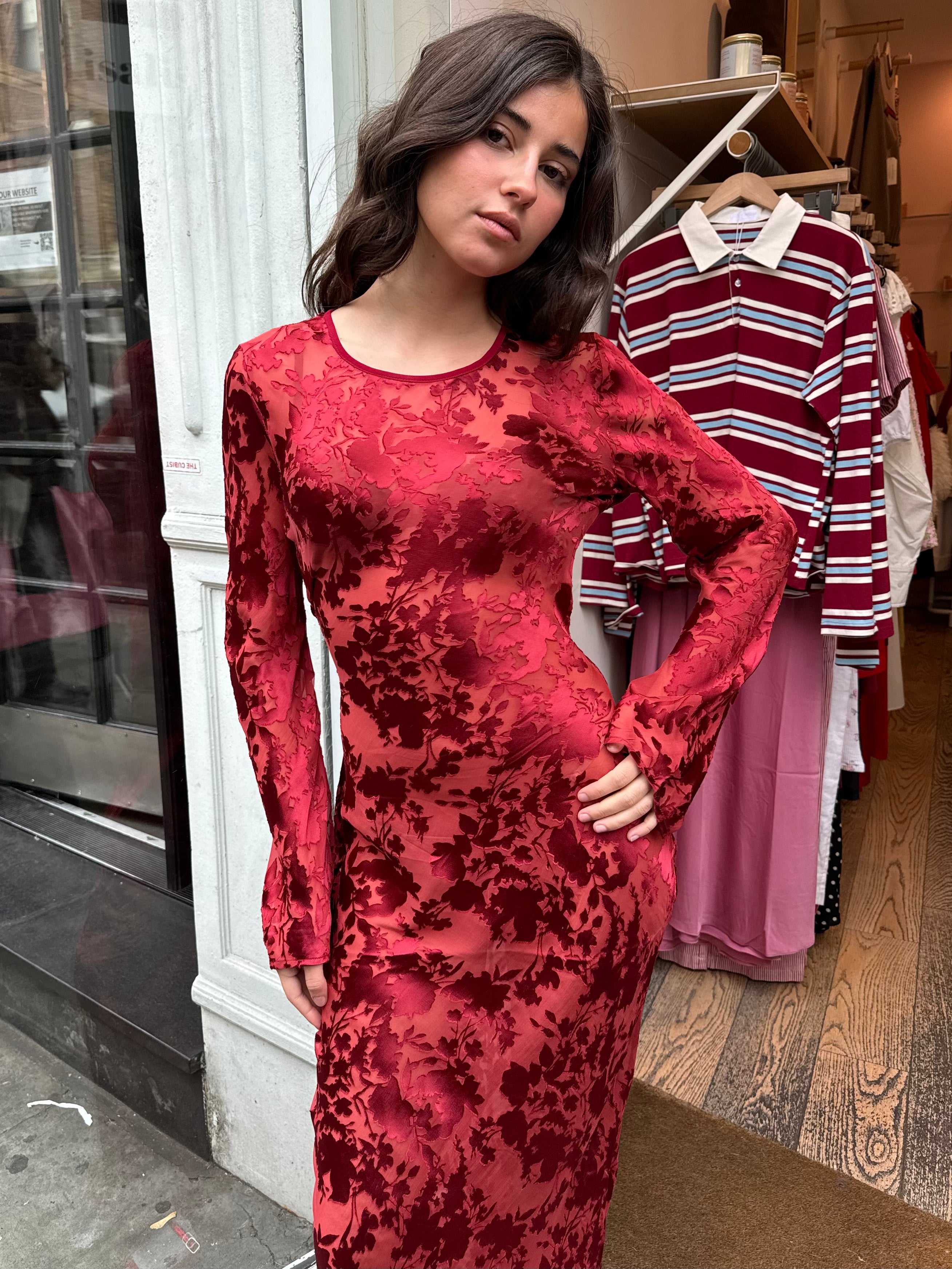 Premium Bettina Maxi Burnout Dress - Ruby Red Elegance