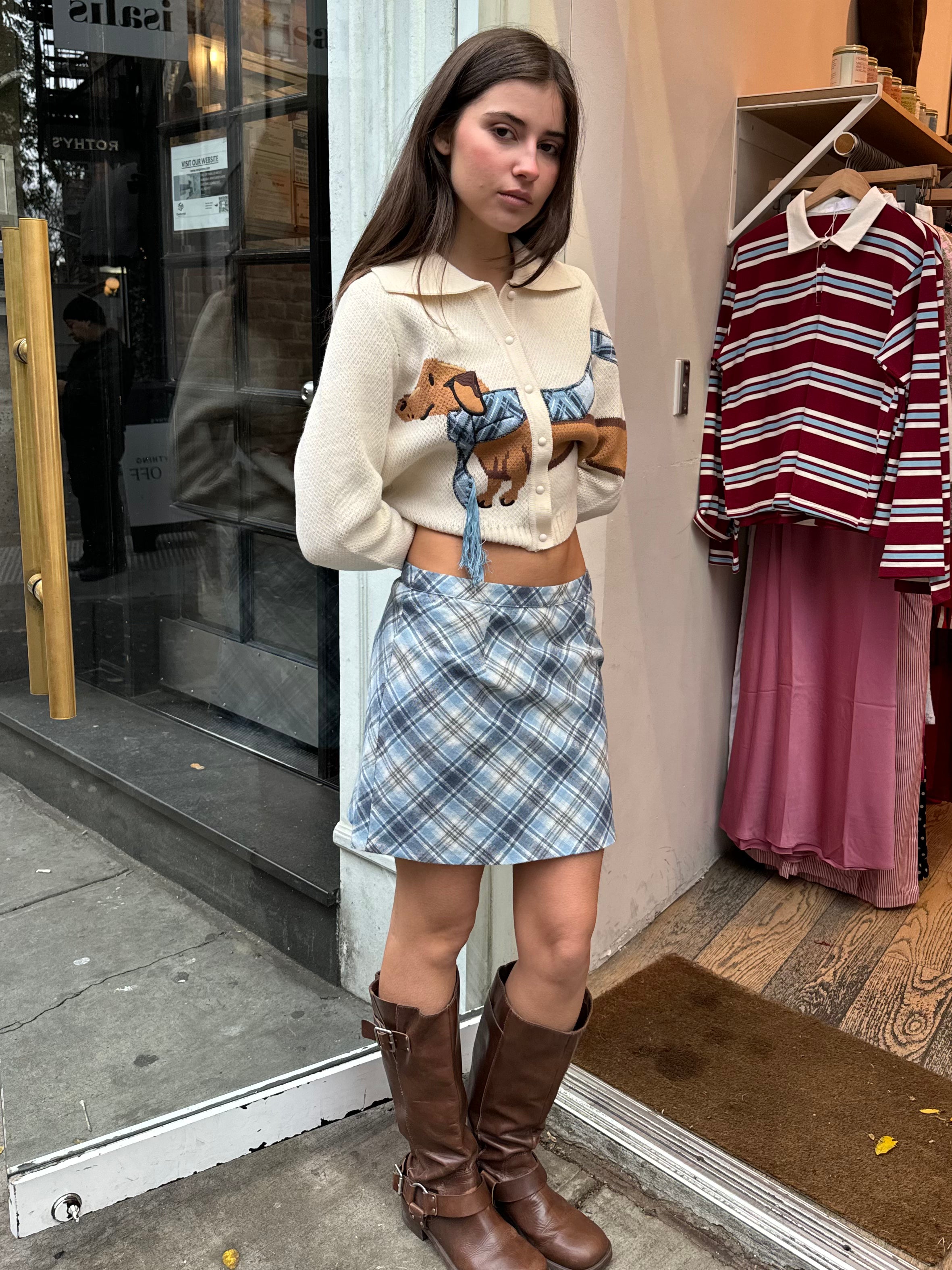 Premium Heritage Bias Cut Skirt in Blue Check - Timeless Elegance