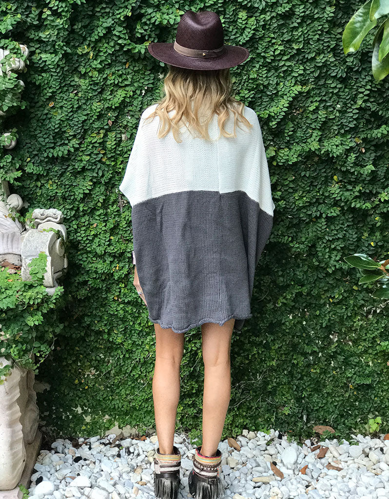 Premium Bi-Polar Color Block Cocoon Cape Cardigan - Cream & Charcoal
