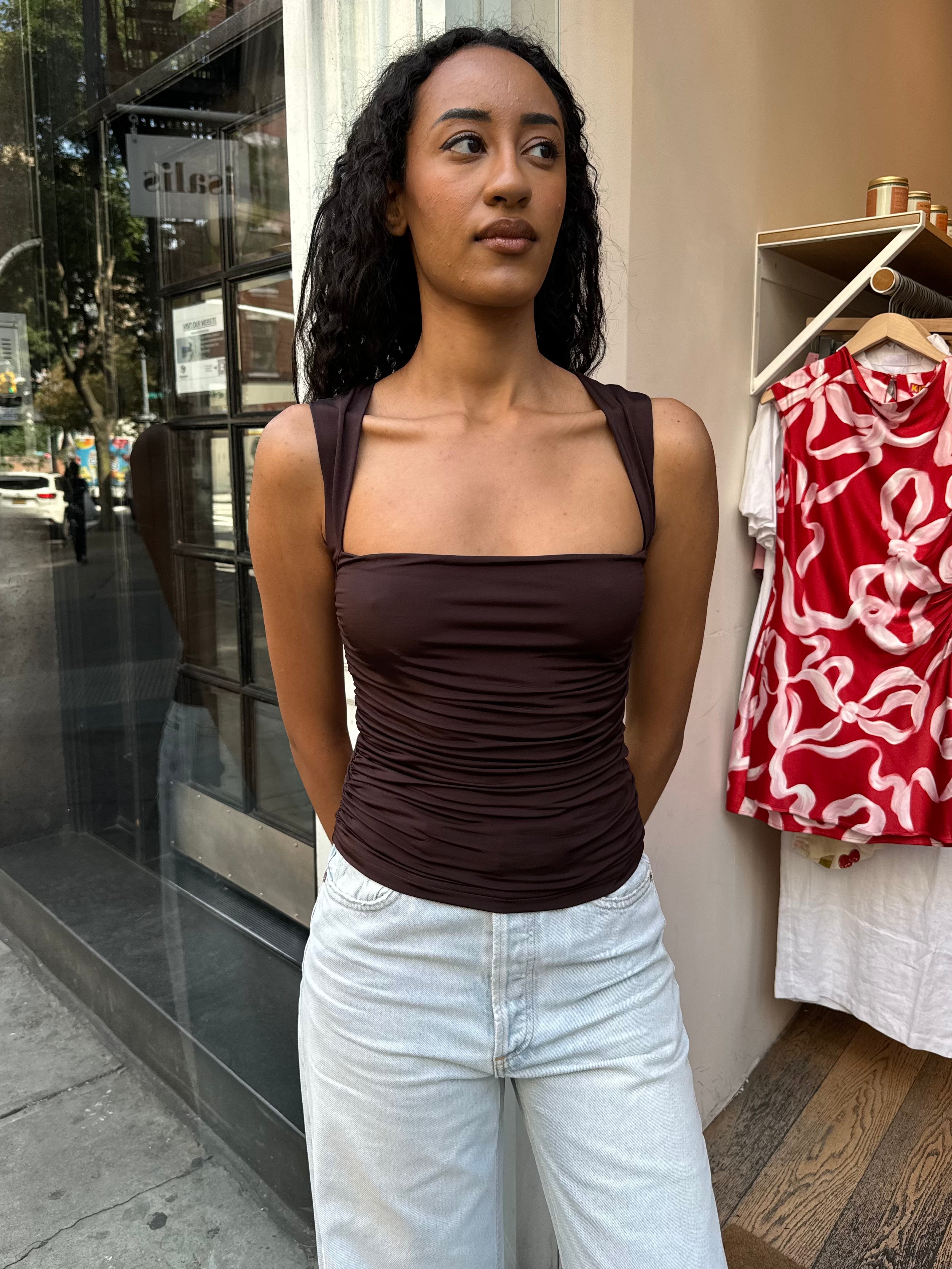 Premium Cleo Ruched Top - Ultimate Brown Elegance