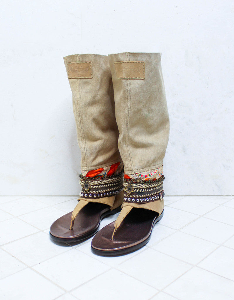 Premium Handcrafted Boho High Boot Sandals in Beige | Size 39