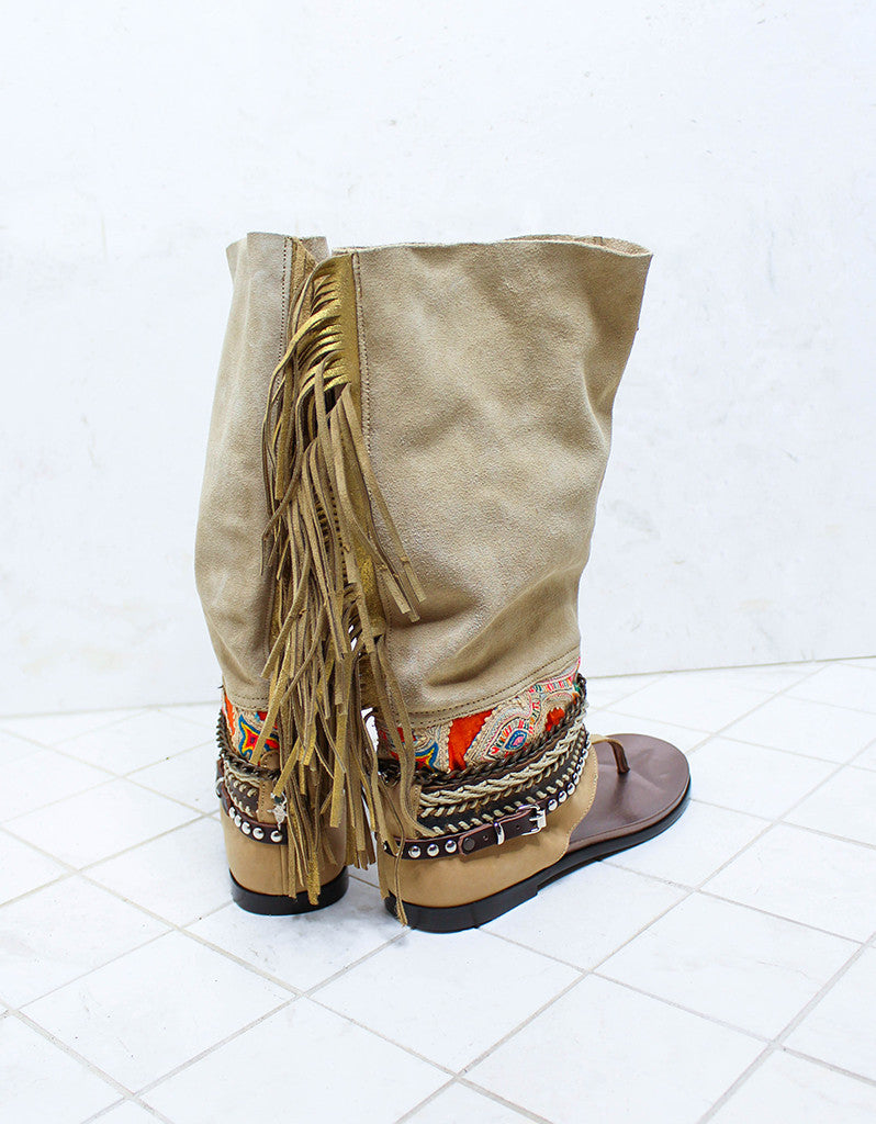 Premium Handcrafted Boho High Boot Sandals in Beige | Size 39