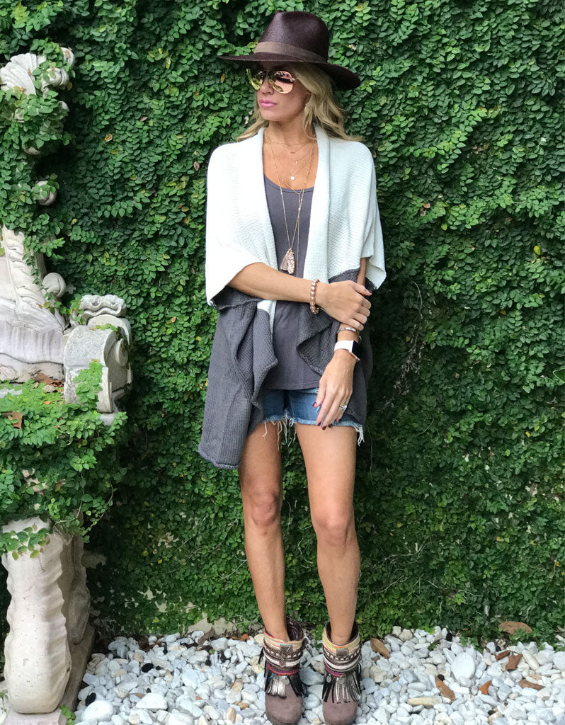 Premium Bi-Polar Color Block Cocoon Cape Cardigan - Cream & Charcoal