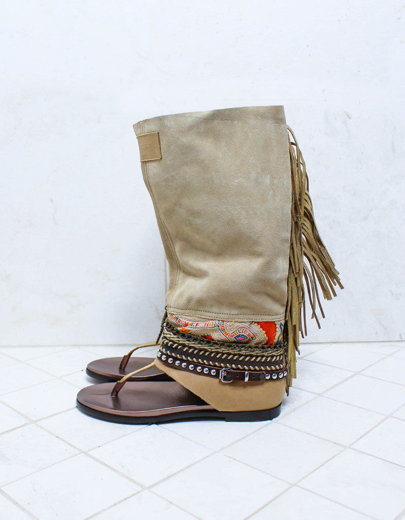 Premium Handcrafted Boho High Boot Sandals in Beige | Size 39