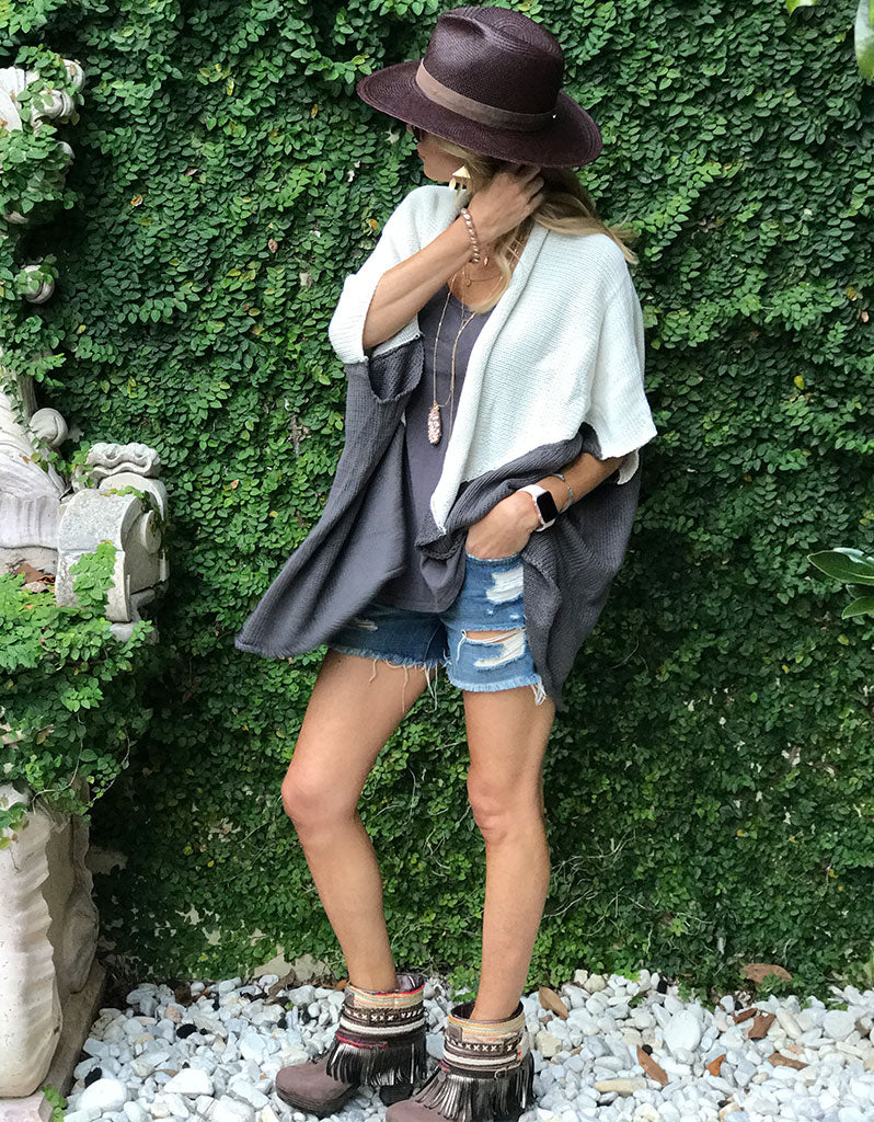 Premium Bi-Polar Color Block Cocoon Cape Cardigan - Cream & Charcoal