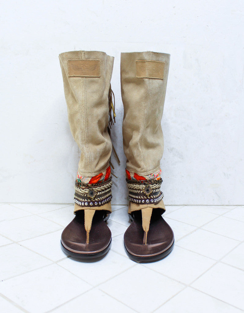 Premium Handcrafted Boho High Boot Sandals in Beige | Size 39