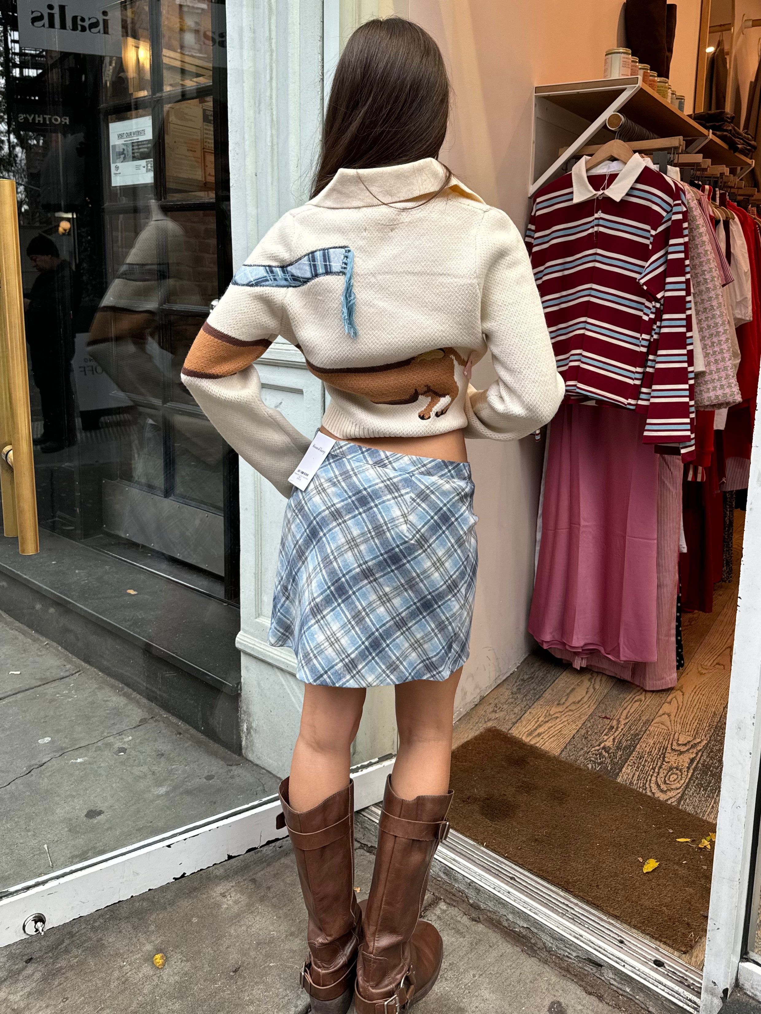 Premium Heritage Bias Cut Skirt in Blue Check - Timeless Elegance