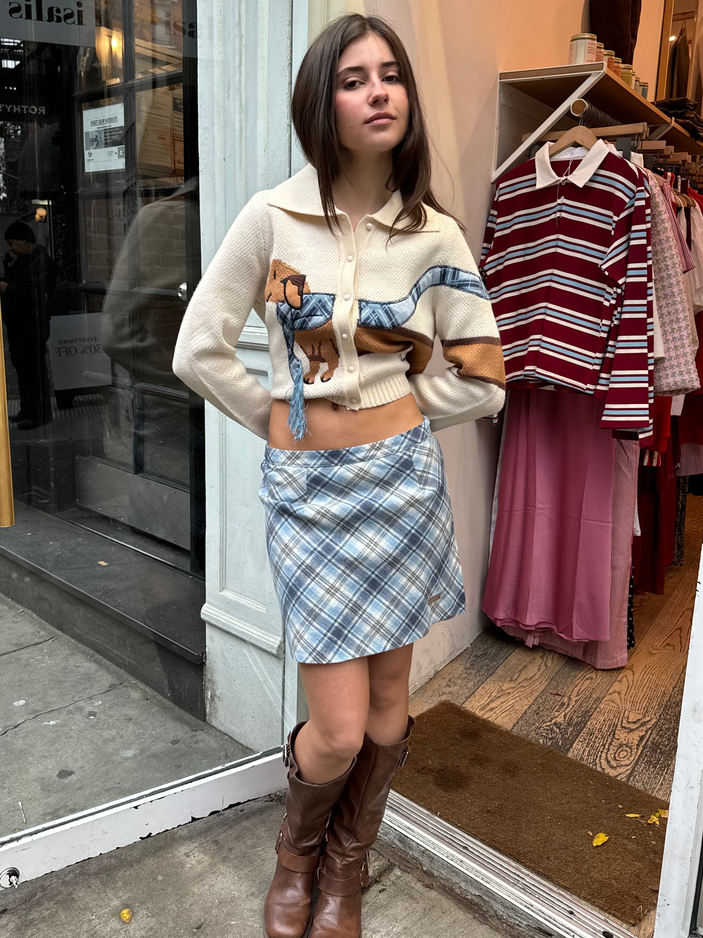 Premium Heritage Bias Cut Skirt in Blue Check - Timeless Elegance