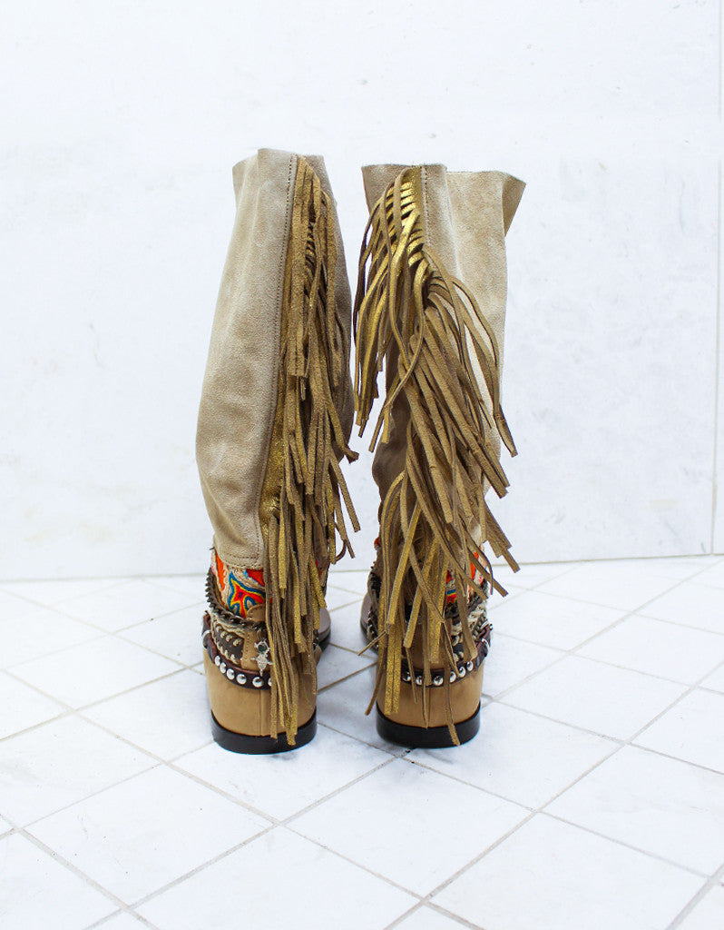 Premium Handcrafted Boho High Boot Sandals in Beige | Size 39