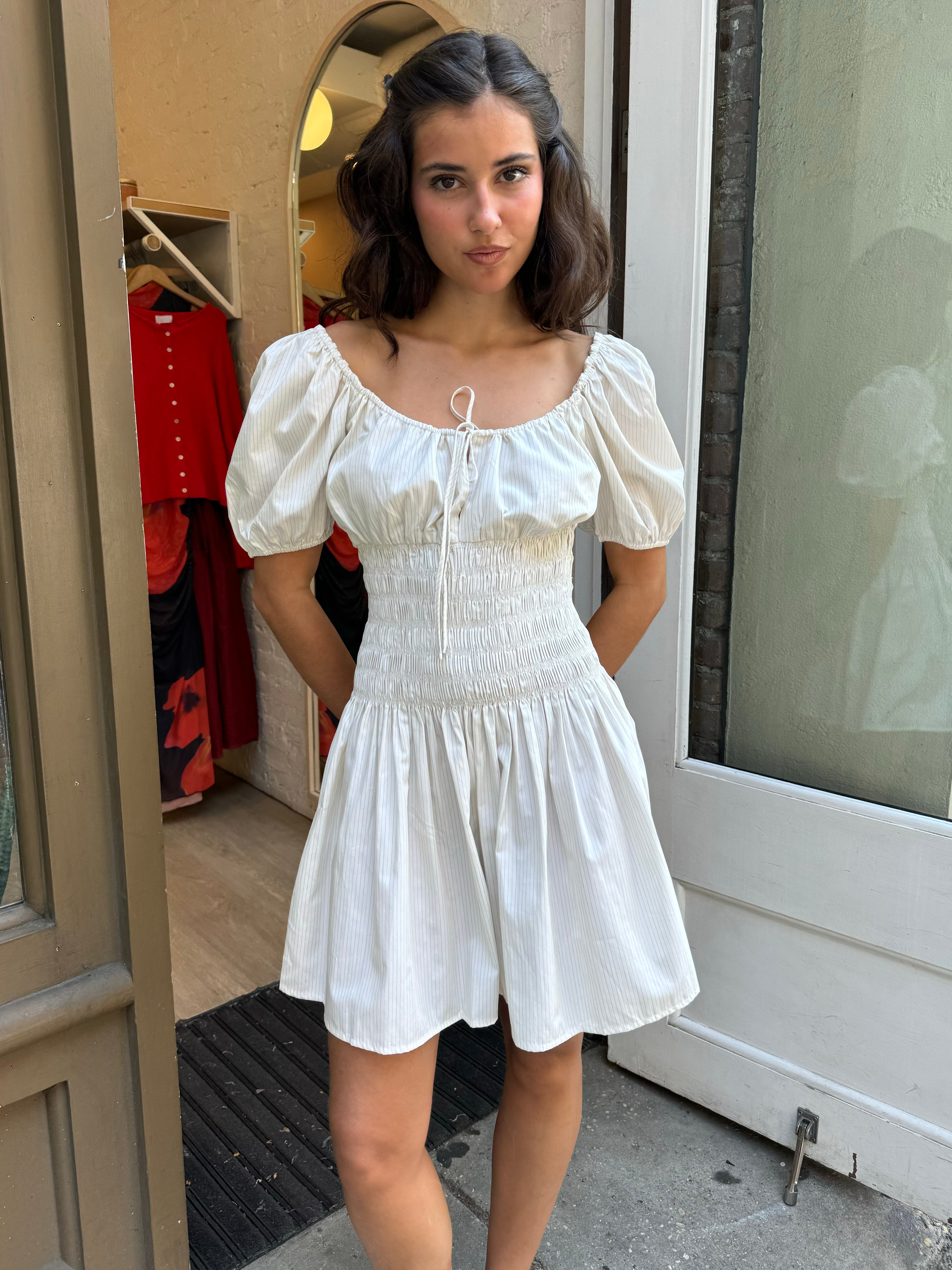 Premium Aya Mini Dress - Cream Pinstripe Elegance