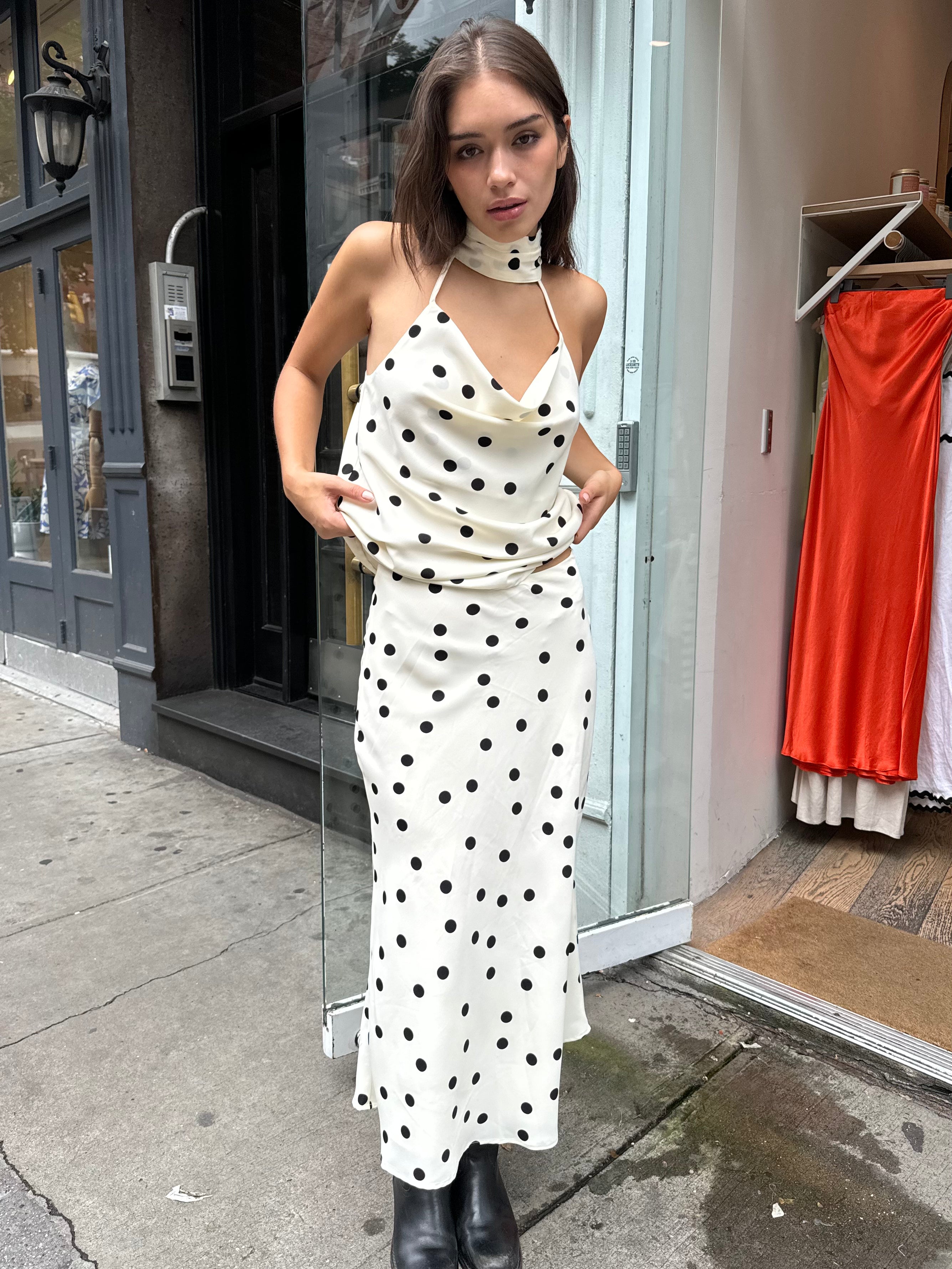 Premium Sutro Maxi Skirt - White Black Dot