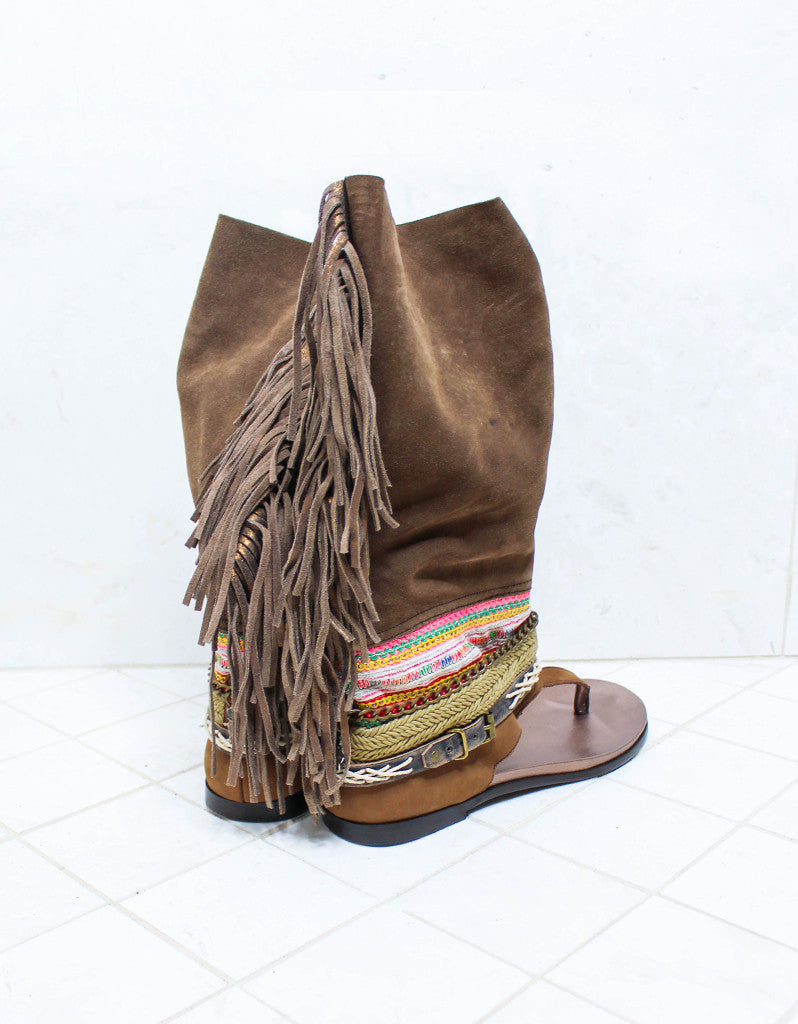 Premium Handmade Boho High Boot Sandals in Brown | Size 41