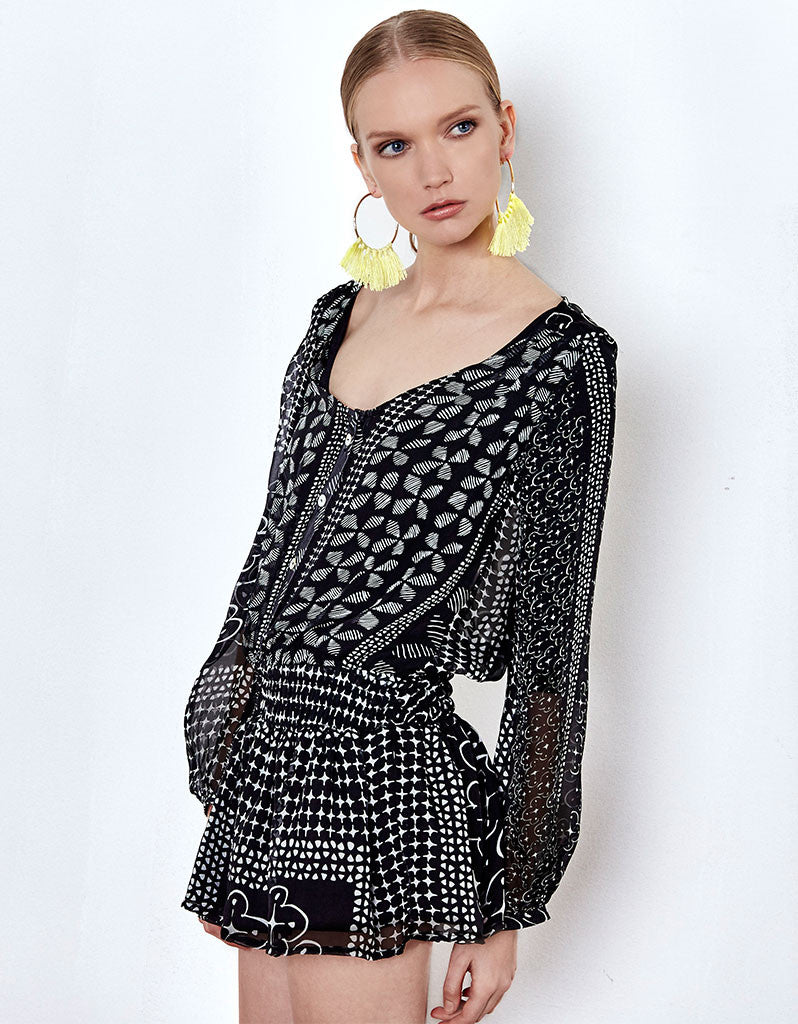 Premium laLESSO Furaha Silk Drop Waist Dress - Black/White Pattern