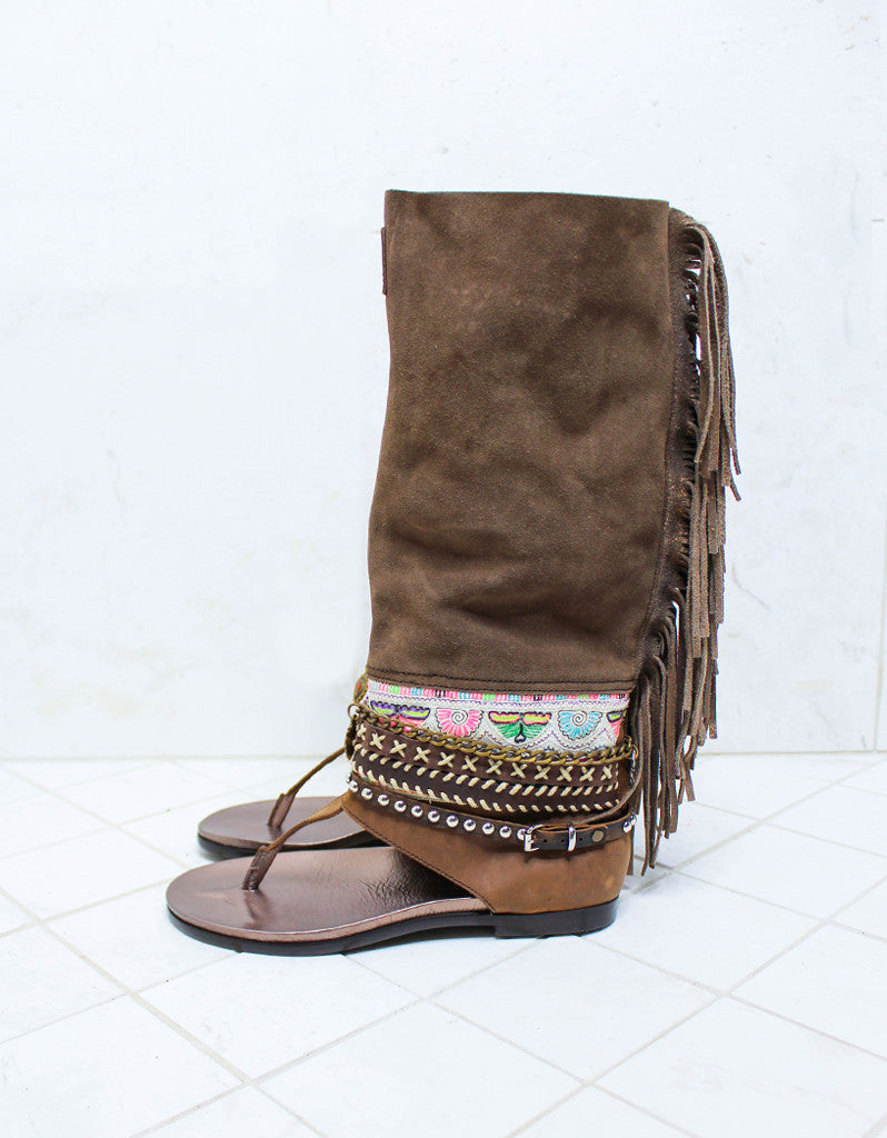 Premium Handmade Boho High Boot Sandals - Brown | Size 38 | Ultimate Comfort