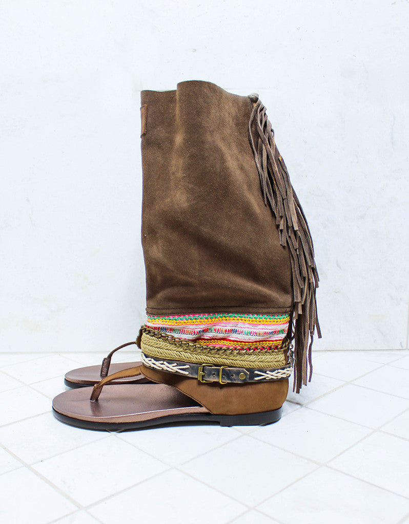 Premium Handmade Boho High Boot Sandals in Brown | Size 41
