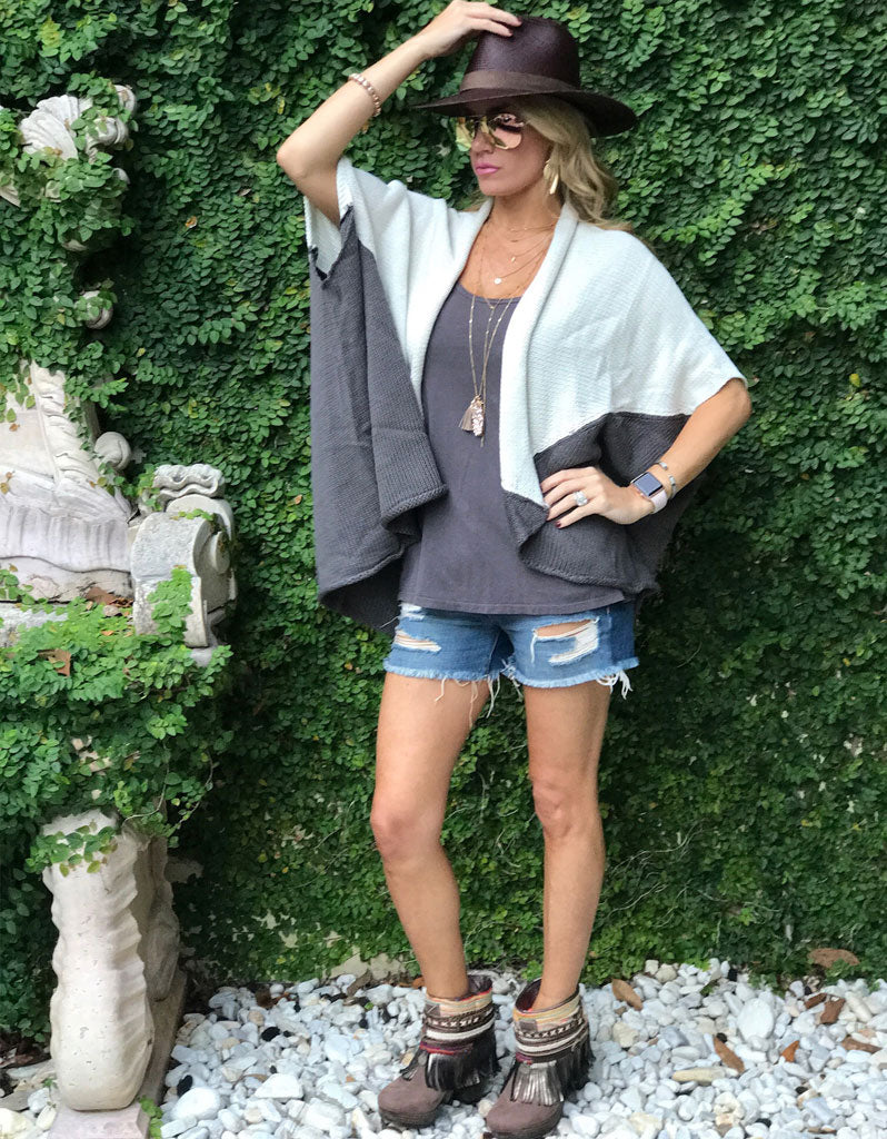 Premium Bi-Polar Color Block Cocoon Cape Cardigan - Cream & Charcoal