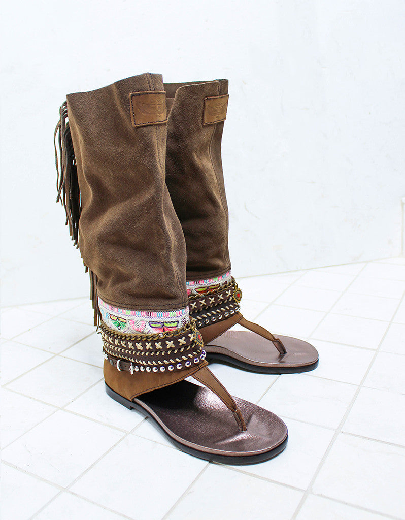 Premium Handmade Boho High Boot Sandals - Brown | Size 38 | Ultimate Comfort