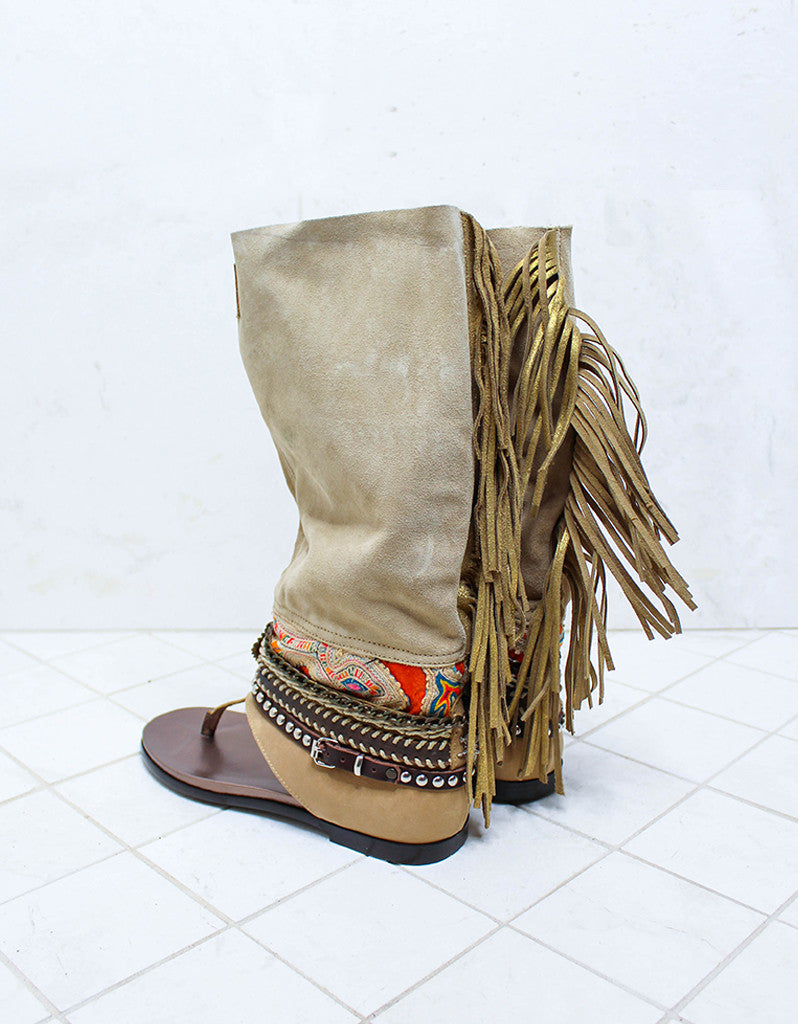 Premium Handcrafted Boho High Boot Sandals in Beige | Size 39