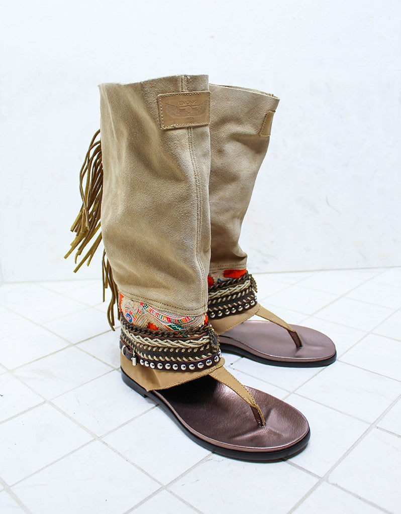 Premium Handcrafted Boho High Boot Sandals in Beige | Size 39