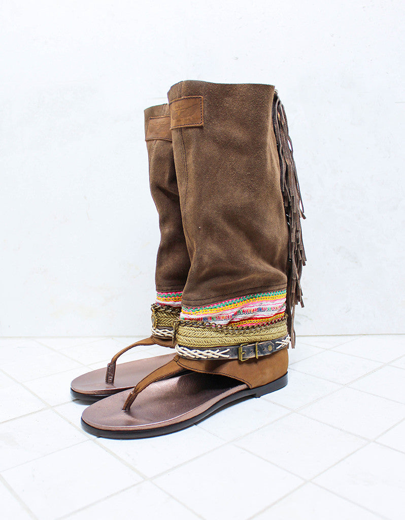 Premium Handmade Boho High Boot Sandals in Brown | Size 41