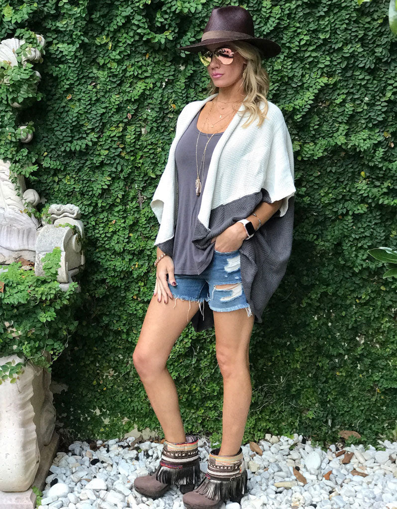 Premium Bi-Polar Color Block Cocoon Cape Cardigan - Cream & Charcoal